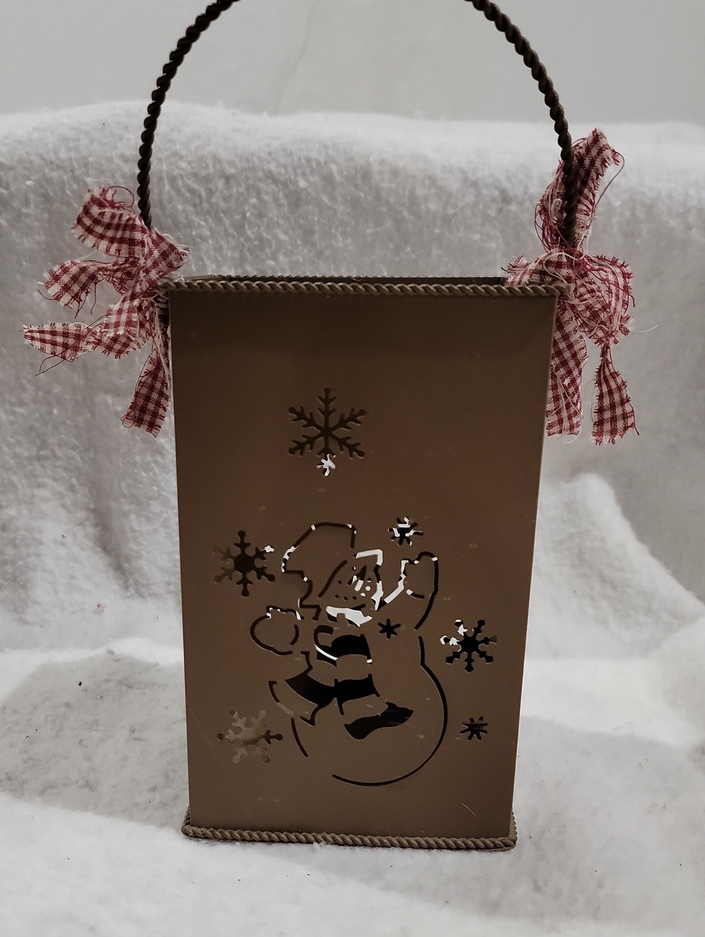 Brown Metal Snowman Lantern with Red Plaid Bows Rustic Winter Holiday
